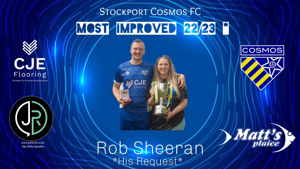 Stockport Cosmos Colts Awards 2022/23. 

Most Improved. Rob Sheeran. 

Rob has been asked to play in numerous positions this season and has never moaned, in fact he has excelled in each one he has played. Rob is an utter pleasure to manage, well done Rob.