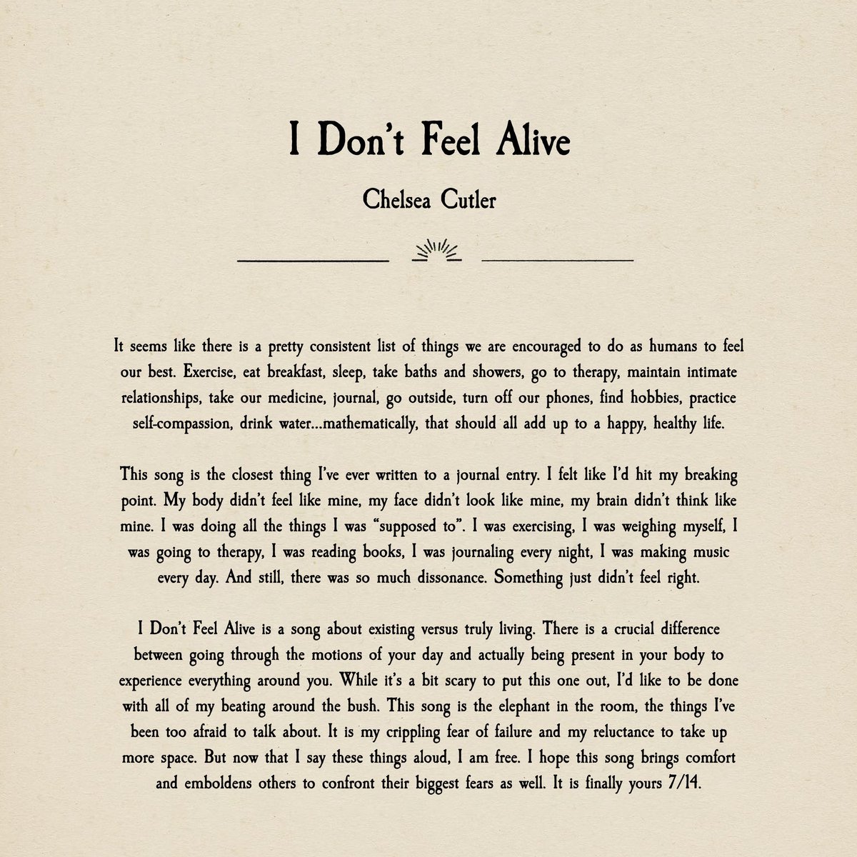 chelseacutler's tweet image. I Don’t Feel Alive, next Friday 7/14 x

ChelseaCutler.lnk.to/presave