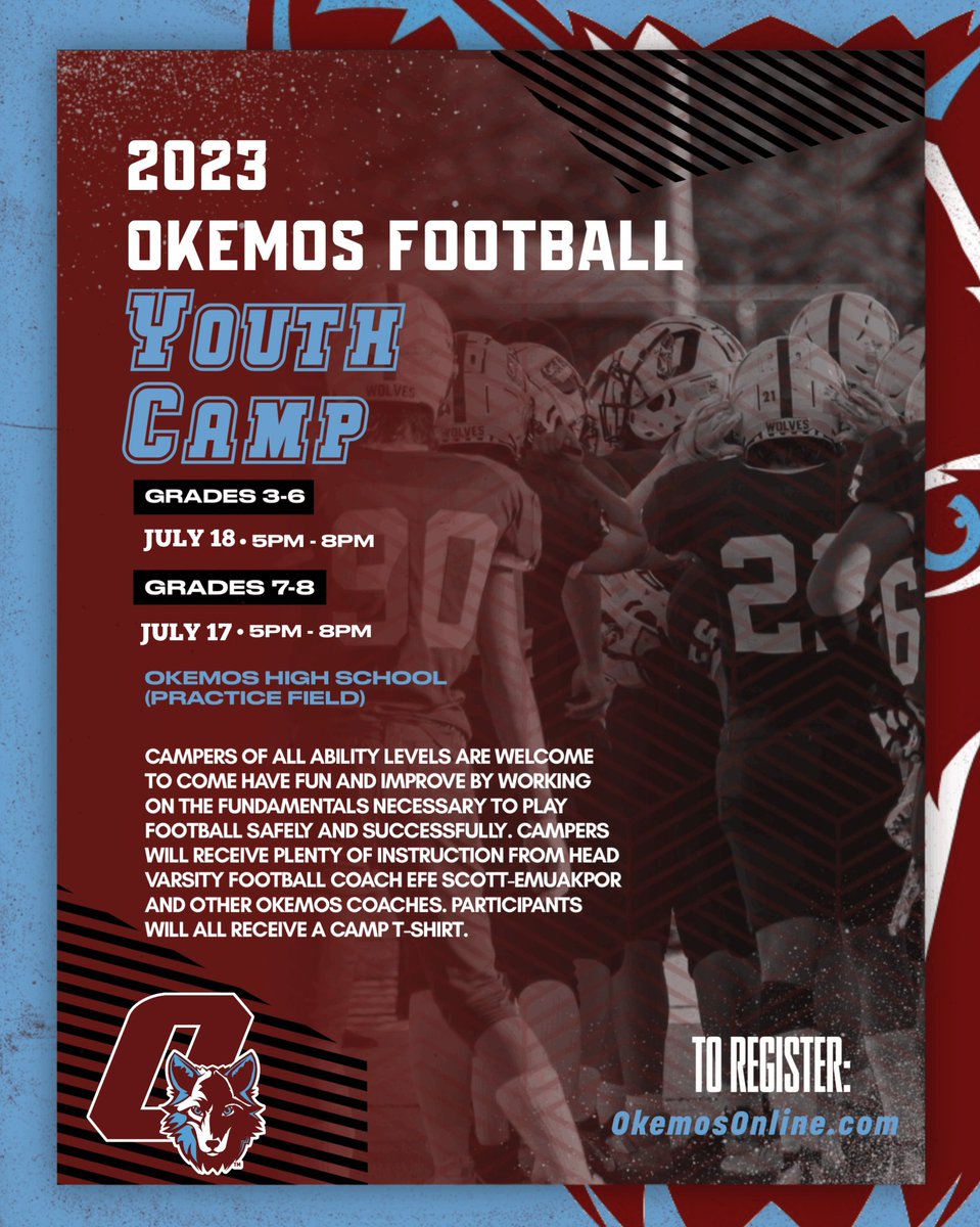 🚨 Here are updated dates for our summer youth camp! 

3rd-6th - July 18
7th-8th - July 17

Register online at okemosonline.com