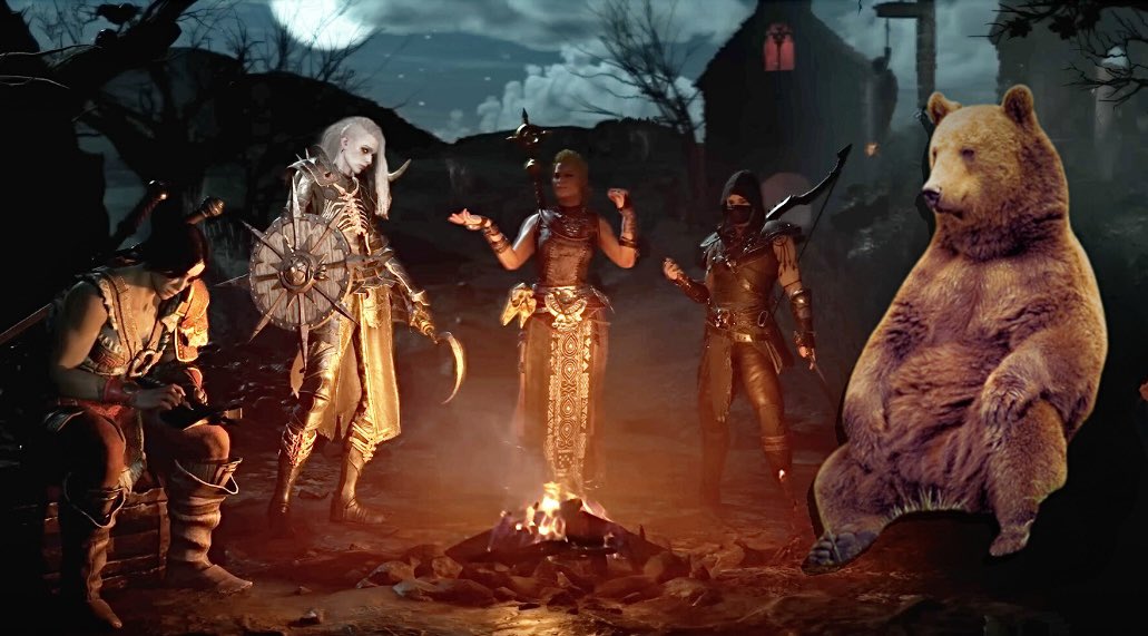 BubbyBearGames's tweet photo. Diablo 4's classes be like:
Rogue: Quick as lightning, striking with precision
Sorcerer: Turning enemies into ash with a flick of the staff
Necromancer: Raising a bone-chilling army of the dead
Barbarian: Pummeling foes with the force of an avalanche
Druid: Rawr :3 🐻🐾 
#Diablo4 https://t.co/f3tD8zozvZ