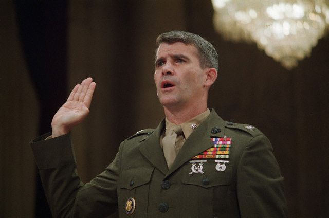 OldSchool80s's tweet photo. July 7, 1987: Oliver North began public testimony at the televised Iran-Contra hearings. #80s https://t.co/bNRF5EarII