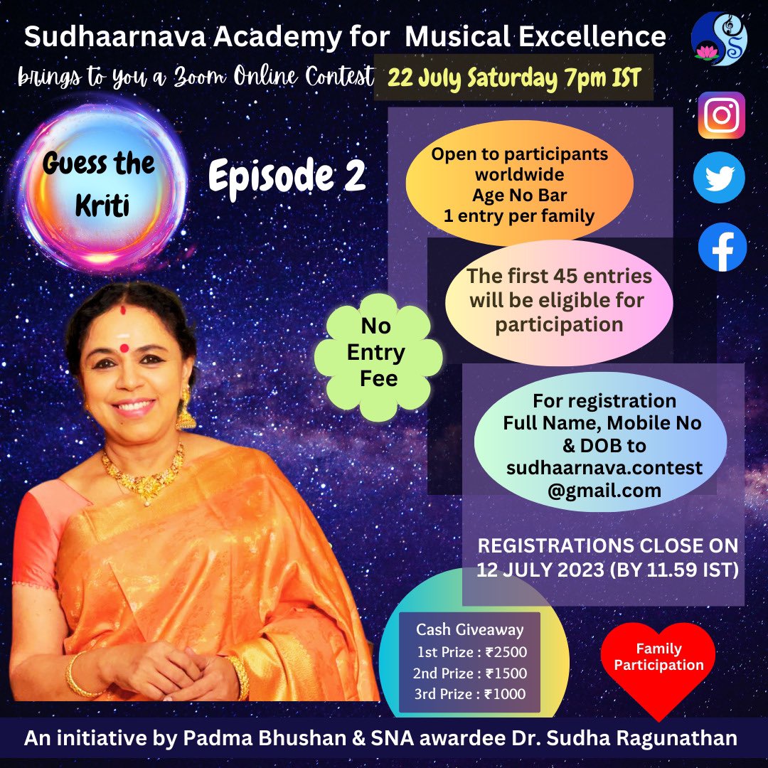 RagunathanSudha's tweet photo. And now ‘Guess the kriti’ Episode 2 is here…register soon and be with me on 22nd July!
#sudharagunathan
#sudharaghunathan
#sudhaarnava
#onlinemusiccontest
#guessthekriti
#secondedition
#funwithmusic
#gameswithmusic
#magicofmusic
#oceanofmusic
#moretolearn
#guessinggame https://t.co/yLTeb8553n