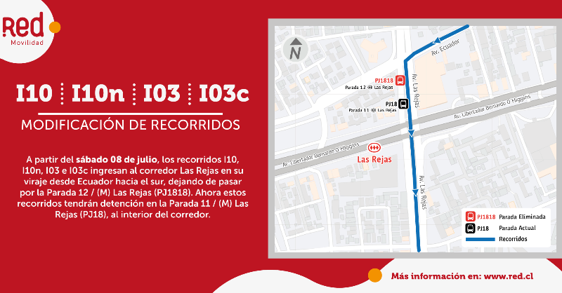 Red_Movilidad's tweet photo. 🔴⚪ATENCIÓN⚠️⁣
Desde ayer sábado los recorridos 🚍 I10, I10n, I03 e I03c 🚍 realizan una #modificación en sus paradas e ingresan al corredor #LasRejas en su viraje desde Ecuador.⁣
❌Dejan la Parada 12 / (M) Las Rejas (PJ1818)⁣
✅Se detienen en Parada 11 / (M) Las Rejas (PJ18)