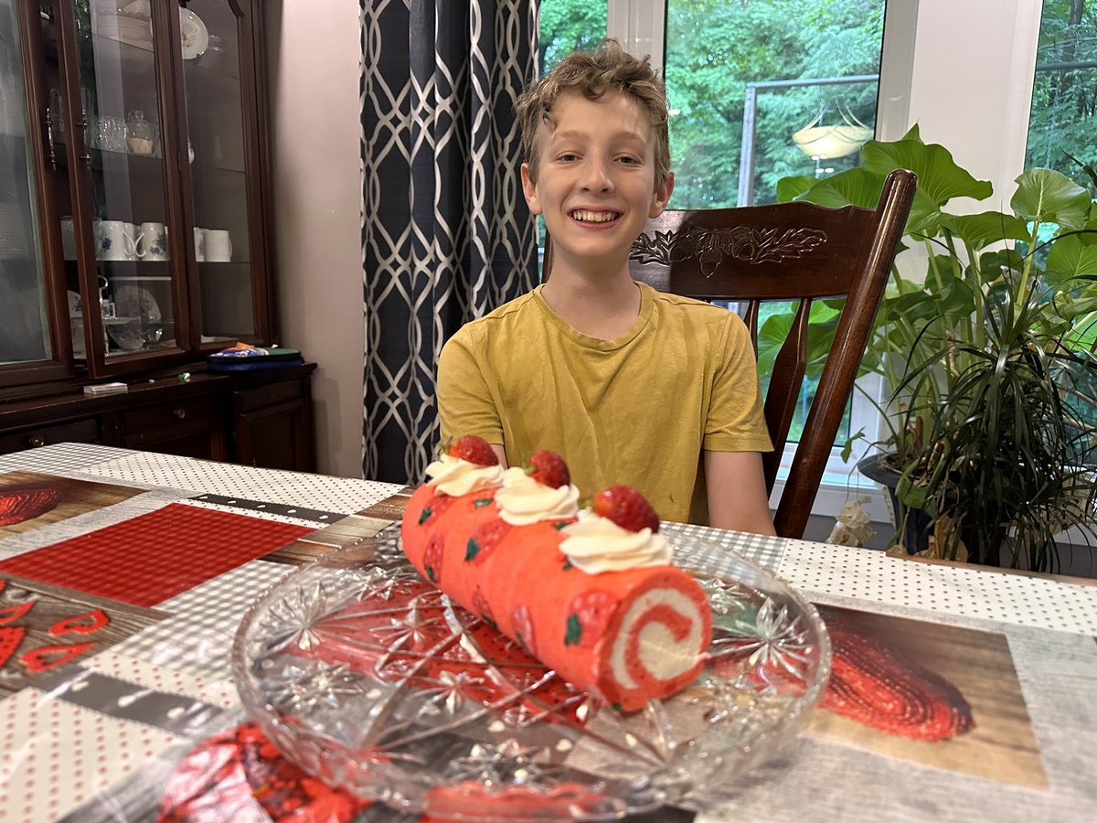 Trevor did some baking today. 

Vanilla / Almond cake with whipped cream filling and piped strawberries on the side. 

#kidneytransplantsurvivor #kidchef 
#cheftrevor