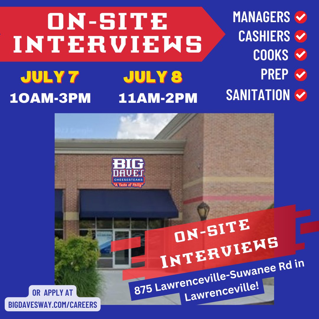 Join us this weekend for on-site interviews at our Lawrenceville location. Friday, 10am-3pm &amp; Saturday, 11am-2pm

875 Lawrenceville-Suwanee Road, Lawrenceville 30297

Or apply online at bigdavesway.com/careers

#bigdavesway
#lawrenceville
#hiringevent
#bigdavescheesesteaks