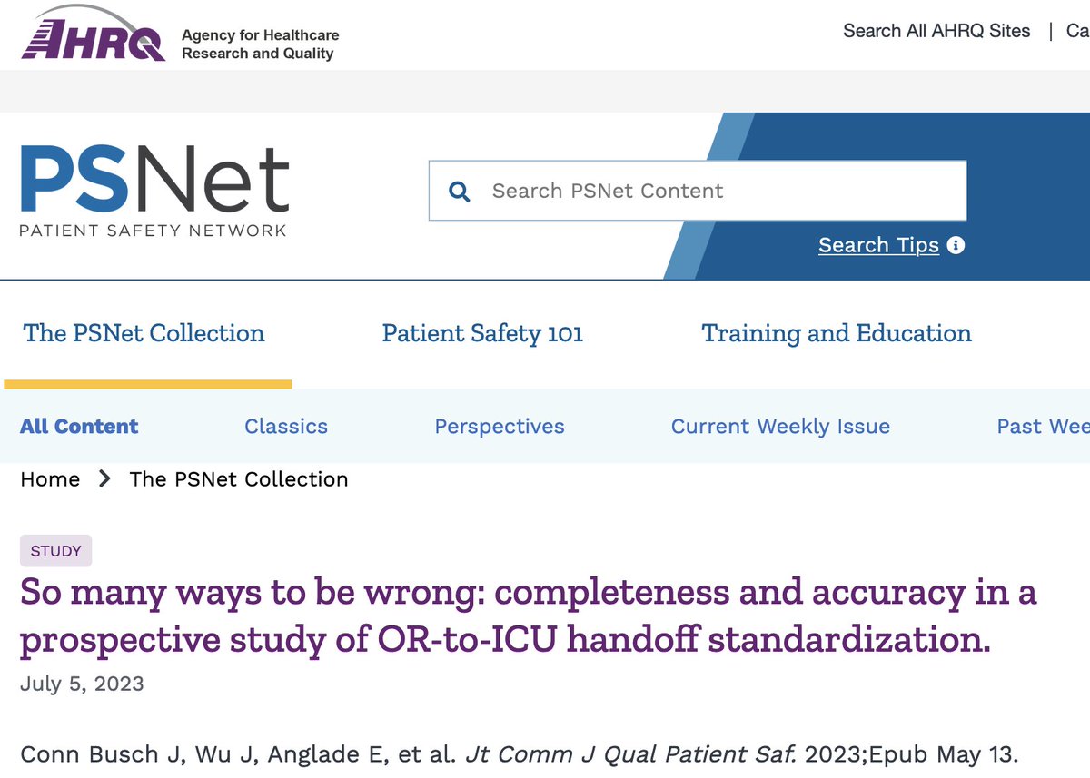 So many ways to be wrong: completeness & accuracy in a prospective study of OR-to-ICU #handoff standardization psnet.ahrq.gov/issue/so-many-… Our article on perioperative handoffs cited on the inside of this week’s @AHRQNews #jointcommissionjournal #patientsafety #QItwitter