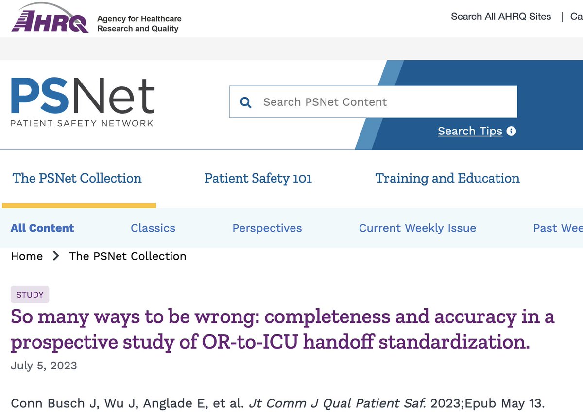 So many ways to be wrong: completeness &amp; accuracy in a prospective study of OR-to-ICU #handoff standardization psnet.ahrq.gov/issue/so-many-… Our article on perioperative handoffs cited on the inside of this week’s <a href="/AHRQNews/">AHRQ</a> #jointcommissionjournal #patientsafety #QItwitter