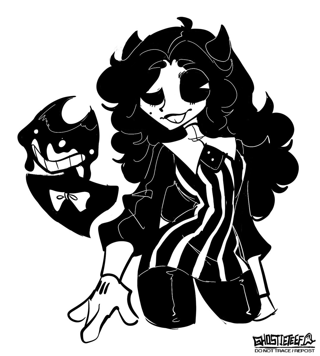 Thought I’d post this by itself!! Ink Bendy and Riddi Roguish.

Roguish didn’t originally have white stripes on the dress part so I think this might be a small change in design? Not too sure yet
#bendyandtheinkmachine #batim #originalcharacter #inkbendy