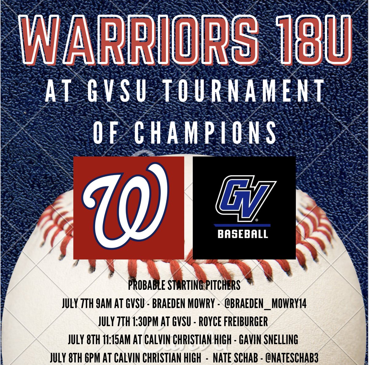 Here are the probable pitchers for <a href="/WestMichiganWa1/">West Michigan Warriors-Tinkler</a> tournament this weekend which is the GVSU Tournament of Champions <a href="/GVSUBaseball/">GVSU Baseball</a> <a href="/gordietheisen/">Gordie Theisen</a> <a href="/J_Keur/">Jordan Keur</a> @coachbradyowen <a href="/pat_gillies/">Pat Gillies</a> <a href="/CoachTKort/">Tom Kort</a> <a href="/braeden_mowry14/">Braeden Mowry</a> <a href="/NateSchab3/">Nate Schab</a> <a href="/WestMiWarriors/">West Mi Warriors</a>