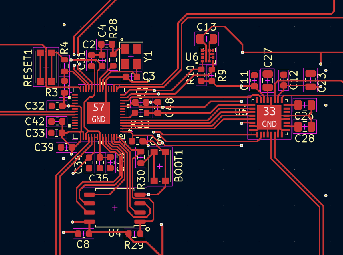 relaxing with kicad for the first time in years. i swear its a kind of therapy, then the board arrives and you have to code stuff and it all gets undone! still, the rp2040 is *such a nice chip* to route for. I was able to do this one in almost entirely 1 layer, almost no vias.