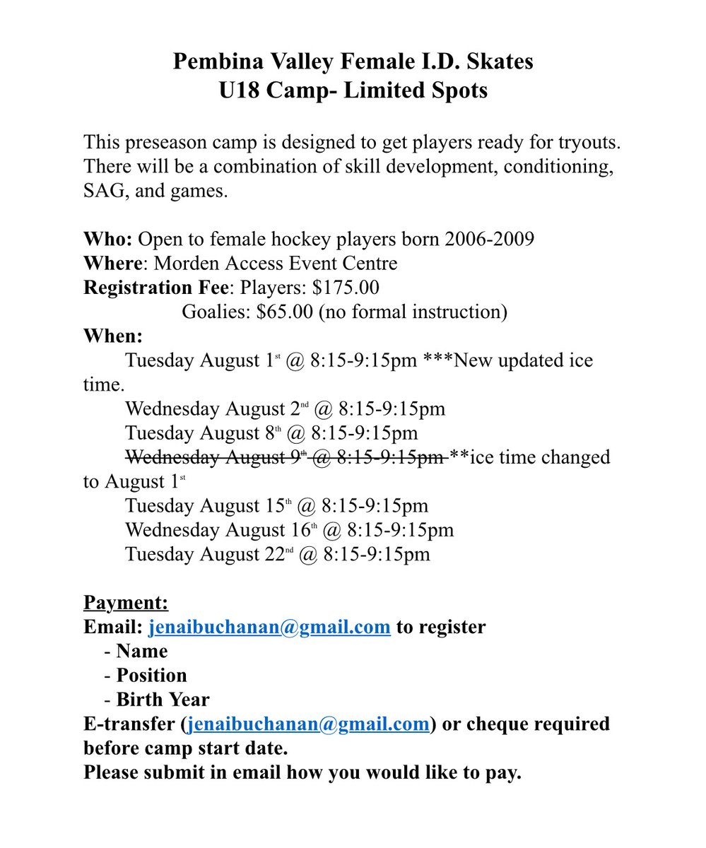 **UPDATED DUE TO ICE SLOT CHANGE **
With hockey registration open and the 23-24 season is just around the corner, PV is hosting an ID camp in August. Limited spots available.