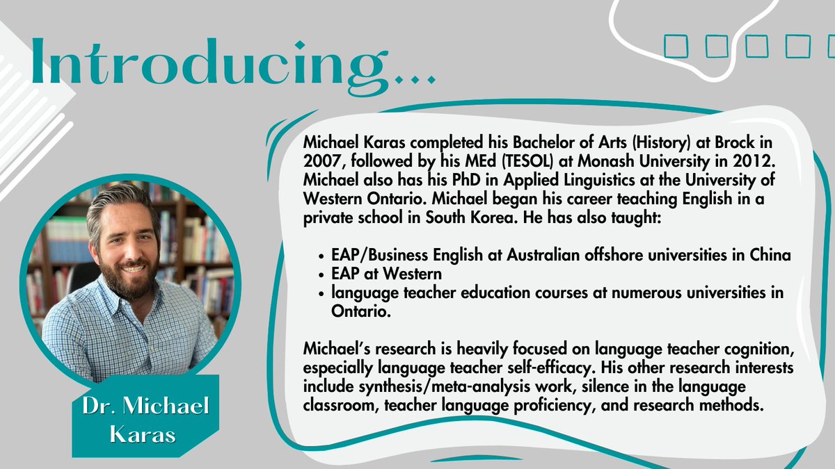 The Department is excited to welcome Dr. Michael Karas as an incoming faculty member this Fall! Here is a  snapshot of his background and areas of research. @BrockUFOSS #appliedlinguistics