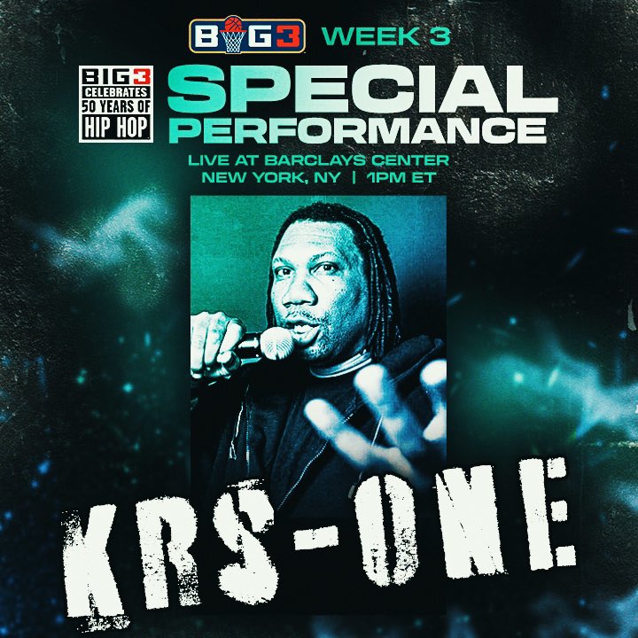 icecube's tweet photo. As @thebig3 continues to celebrate the 50th Anniversary of Hip Hop, this Sunday in Brooklyn we have Blastmaster KRS-ONE murder the mic as one of many guest performers. https://t.co/vckW6SuArB https://t.co/wW3im0SFWg
