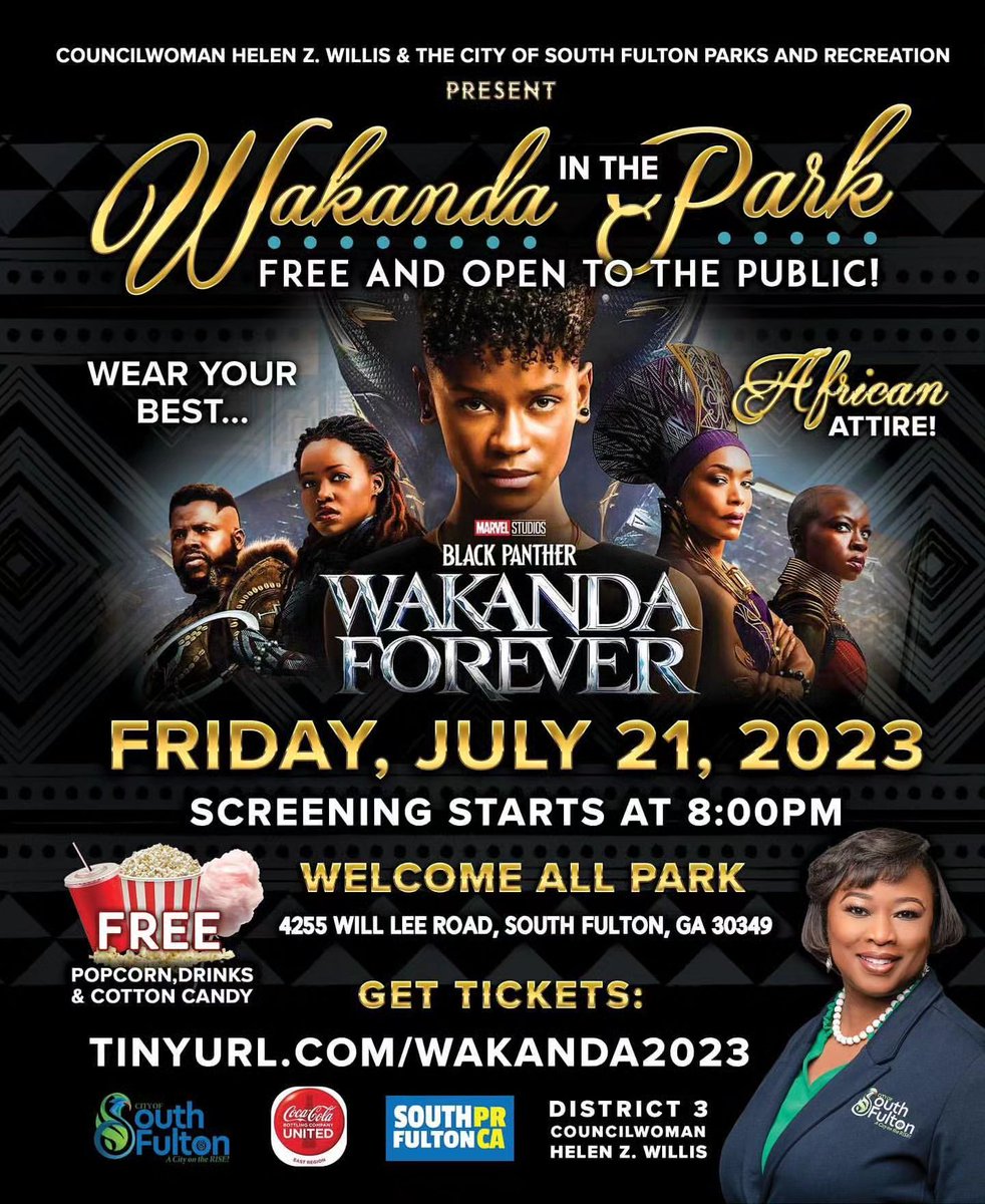 hzw1 City of South Fulton District 3 Councilmember Helen Zenobia Willis and COSF Parks &amp; Recreation are hosting a viewing of “Black Panther Wakanda Forever”!

 July 21, 2023 at 8:00pm at Welcome A...

#Write2Rise #YouthWriters - W2R.org