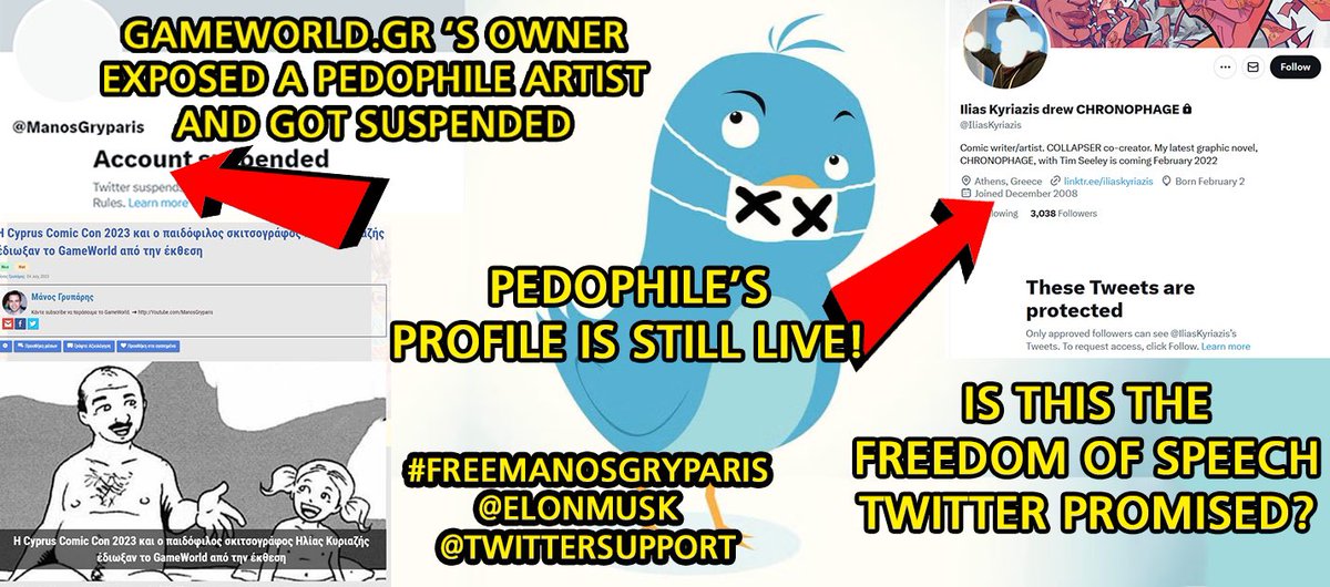 gwgw_kor's tweet photo. @ElonMusk You suspended @Gameworldgr 's owner account, @ManosGryparis , on Twitter, who exposed a pedophile on 5/7. Is this the freedom of speech you promised? #FreeManosGryparis https://t.co/y891L668sa