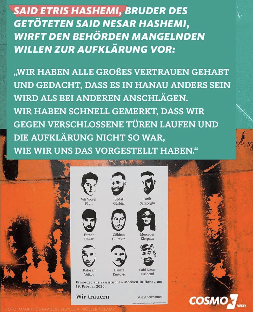 Bahar Aslan (@baharaslan_) on Twitter photo Das was <a href="/Etr1sHashemi/">Said Etris Hashemi</a> sagt! ✊🏽
Wir müssen die Erinnerung an die Opfer der terroristischen Morde von #Hanau stets aufrecht erhalten. Ihre Namen sollen erinnern und mahnen, den rassistischen Normalzustand im Alltag, in den Behörden, den Sicherheitsapparaten und überall zu beenden. Das was <a href="/Etr1sHashemi/">Said Etris Hashemi</a> sagt! ✊🏽
Wir müssen die Erinnerung an die Opfer der terroristischen Morde von #Hanau stets aufrecht erhalten. Ihre Namen sollen erinnern und mahnen, den rassistischen Normalzustand im Alltag, in den Behörden, den Sicherheitsapparaten und überall zu beenden.