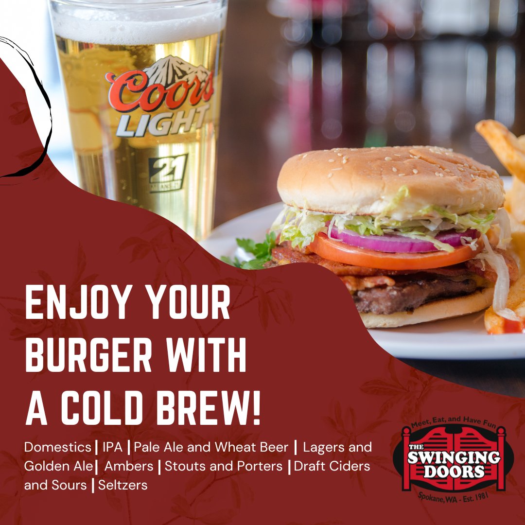 SwingingDoors1's tweet photo. The Swinging Doors has an abundance of refreshments to choose from our tap list. From Domestics to Ale, to Ciders to Seltzers, and more! 🍻🍔🍟  #swingingdoorsspokane #swingingdoors #localrestaurant #supportlocal #familyowned #sportsbar #bar #greatfood #restaurant #delivery #bar https://t.co/rJsW0cHNSz
