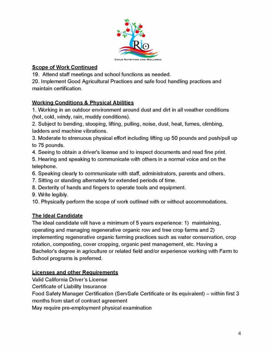 Want to farm for kids? Rio School District is looking!

The Farm to School Operations Manager will manage and operate 10-acres of district-owned, organic agricultural land to produce organic fruit and vegetable row and tree crops for the school meal programs. #farmtoschool
