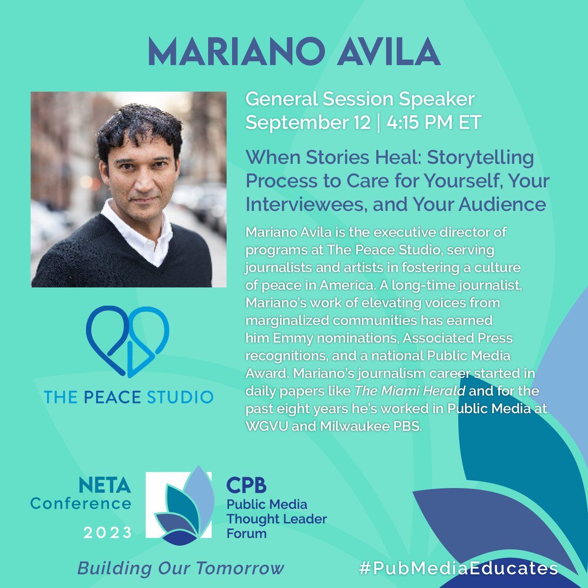 We are pleased to announce speaker @marianoavila from @ThePeaceStudio at the 2023 NETA Conference! He'll discuss how restorative narrative can help your impact on your community. annualnetaconference.org @cpbmedia #publicmedia #pubmedia #pubmediaeducates #NETAconference