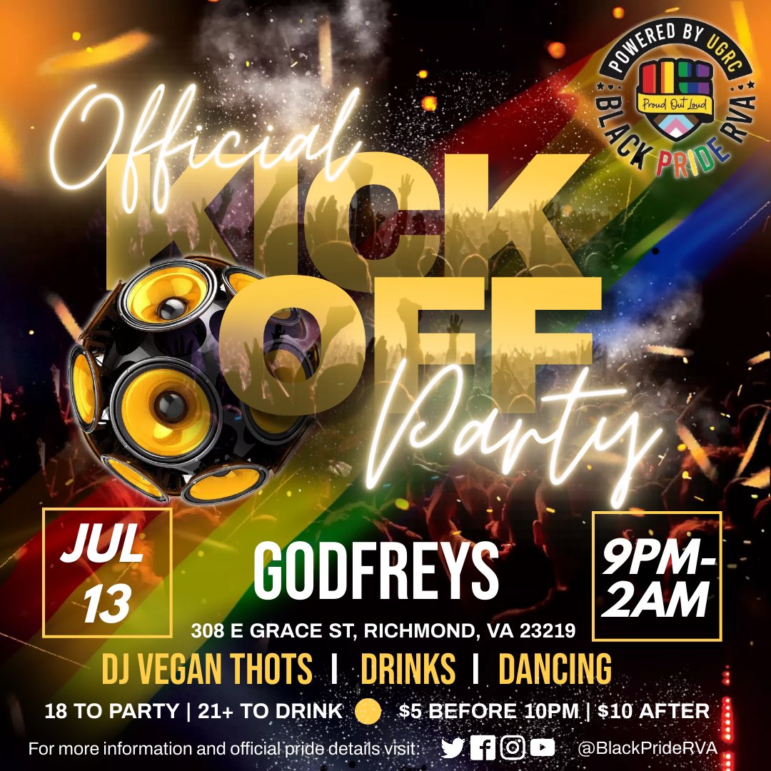 Black Pride RVA. Official Kick Off Party …. Starting the weekend off with some Drinks 🍸 and Dancing 🕺🏽 💃🏽. Join us July 13 @godfreysrva  w/ DJ <a href="/vegan_t/">VeganTRex</a>.h.o.t.s  9pm-2am. 

#pride #gaypride #proudoutloud #rvapride #blackpriderva #visitgayva #outrva #gayrva #visitblkva
