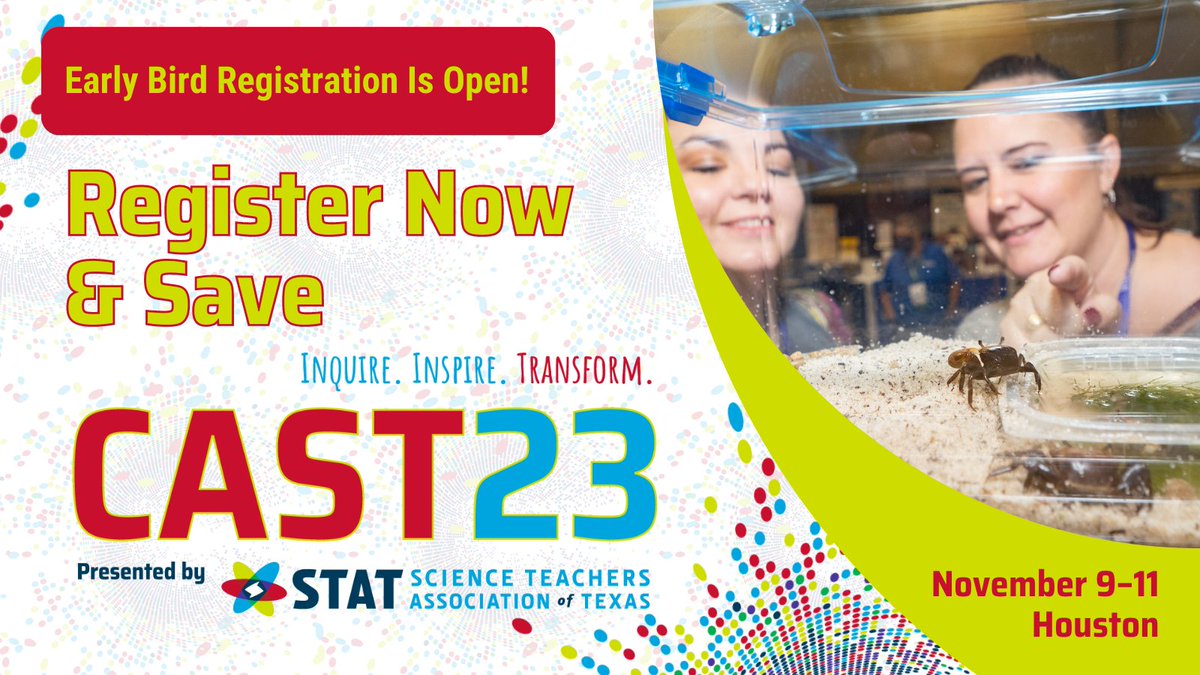 TXScienceSTAT's tweet photo. Registration and housing for #STATCAST23 are now open! Experience countless opportunities to inquire, inspire, and transform with your Texas science community in Houston this November 9–11. Register now and save! https://t.co/JMXLScAegK https://t.co/hkDDQedub0