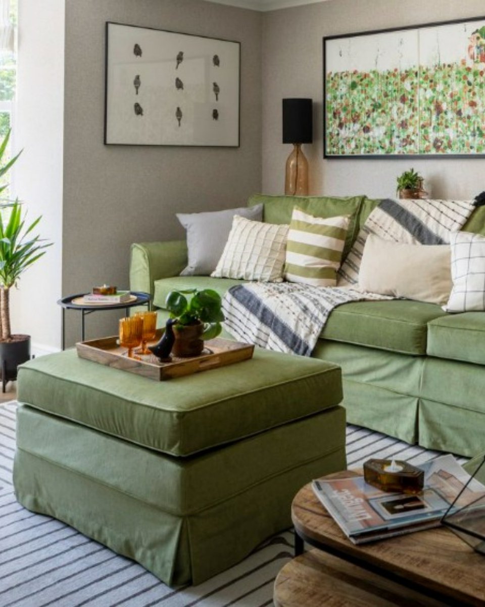 Bring nature indoors with green interiors 💚Beautiful work by Interiors Family creating a peaceful &amp; stylish sanctuary with FIORA 18 Grass. Simply stunning!🌿Remember to tag us in your interior projects - We love seeing your creations come to life! #velvetsofa #wemyssfabrics