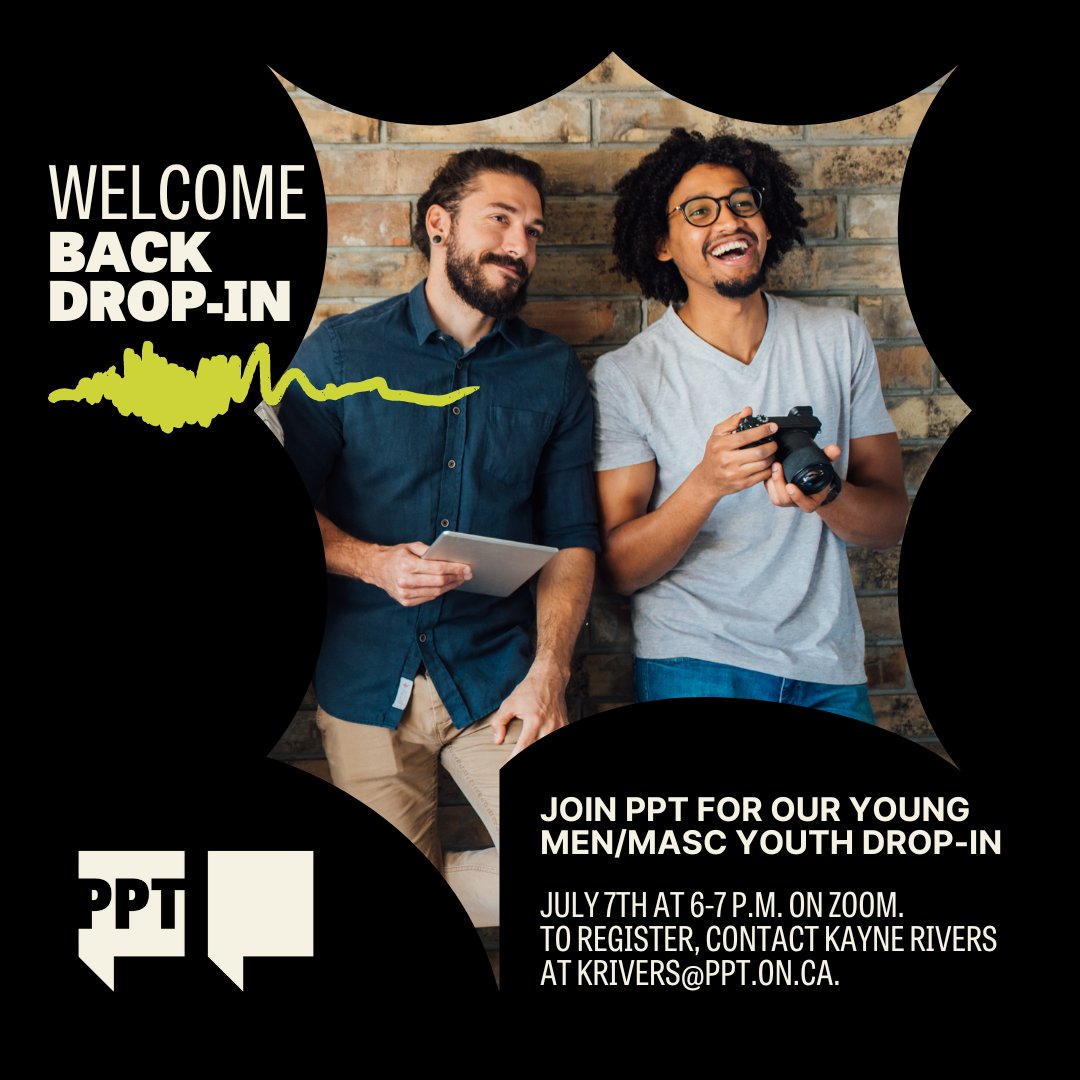 Planned Parenthood Toronto (@ppofto) on Twitter photo Don't forget! Our Youth and Masculinities Project invites all young men/masculine-identified youth ages 16-29 in Toronto to join our virtual drop-in program tomorrow, Friday, July 7th! We'll be meeting over zoom from 6-7 pm! For more info or to register, email krivers@ppt.on.ca! Don't forget! Our Youth and Masculinities Project invites all young men/masculine-identified youth ages 16-29 in Toronto to join our virtual drop-in program tomorrow, Friday, July 7th! We'll be meeting over zoom from 6-7 pm! For more info or to register, email krivers@ppt.on.ca!