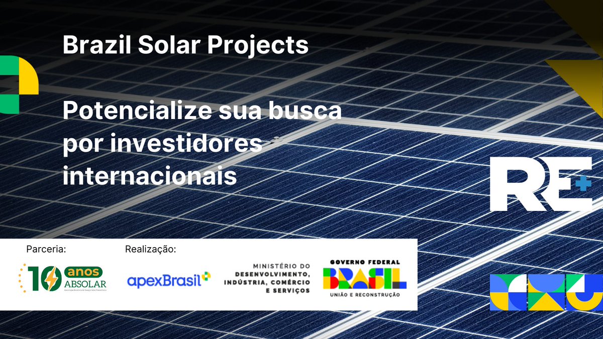 ApexBrasil's tweet photo. Venha promover projetos de energia solar fotovoltaica no Brasil 🇧🇷 com a iniciativa Brazil Solar Projects, durante a RE+ 2023, em Las Vegas, Nevada, nos Estados Unidos, entre os dias 11 a 14 de setembro de 2023. Nosso foco é a captação de investimentos internacionais. Segue o fio https://t.co/u1Jz5055dG