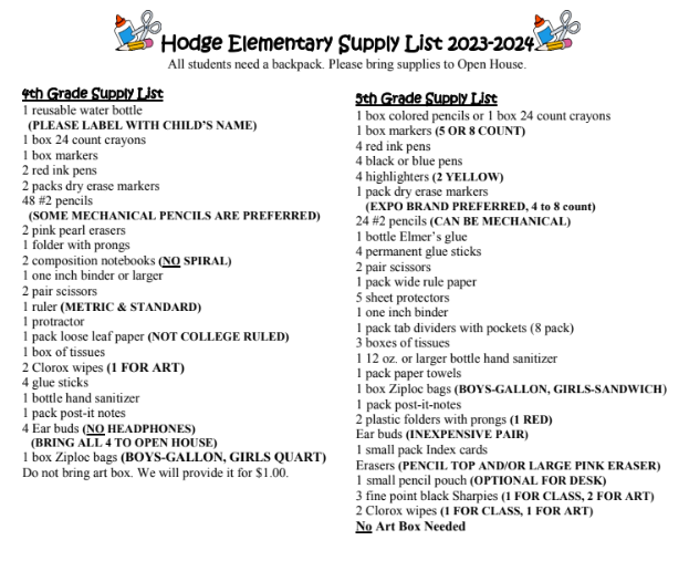 Hodge Families: Here is the 23-24 supply list, in case you want to get an early start on purchasing supplies. 😊#HawksSOAR