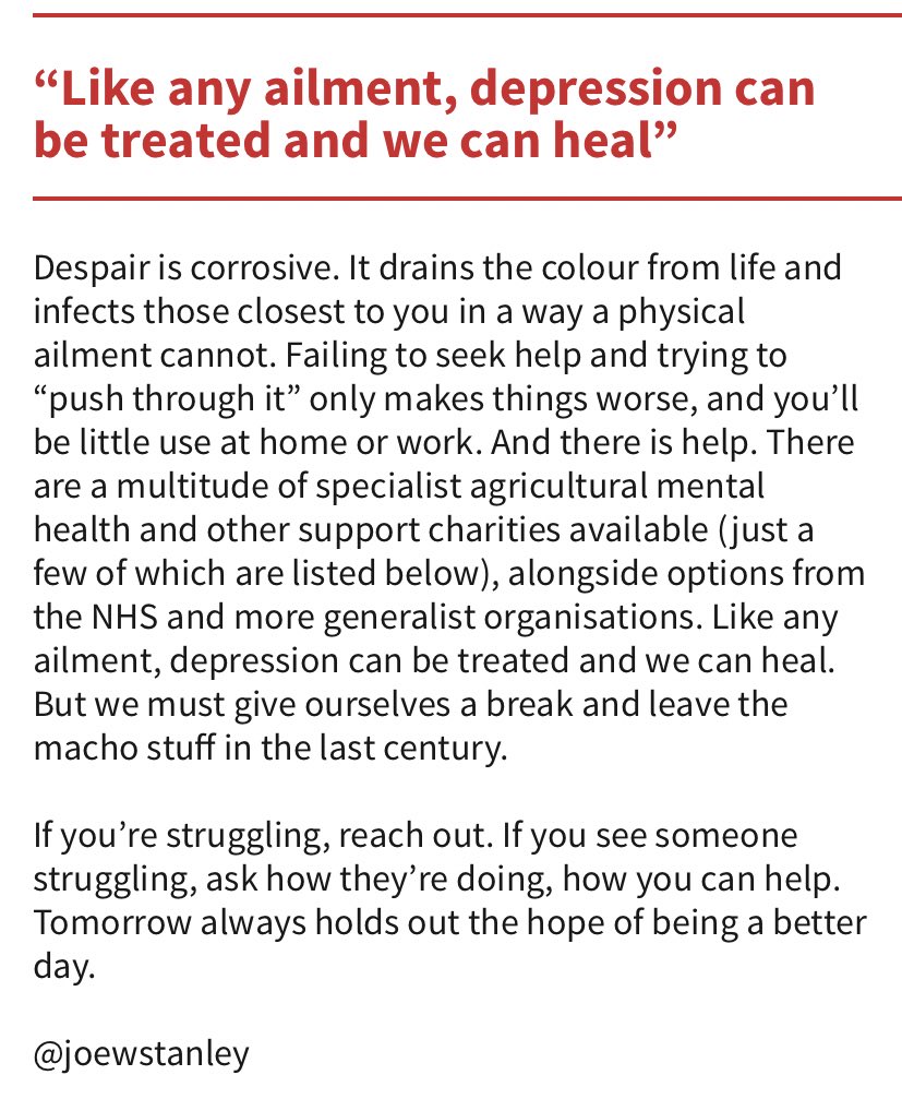 I’ve gone out on a limb &amp; written about mental health in agriculture in this week’s <a href="/FarmersWeekly/">Farmers Weekly</a>. 

Help always available from 👇

<a href="/yellowwelliesuk/">Farm Safety Foundation</a> <a href="/RABIcharity/">RABI - the Farmers Charity</a> <a href="/FCNcharity/">The Farming Community Network</a> <a href="/FCNFarmWell/">FarmWell</a> <a href="/yanafarming/">YANA</a> <a href="/dpjfoundation/">The DPJ Foundation</a> <a href="/RSABI/">RSABI - supporting people in Scottish agriculture</a> <a href="/samaritans/">Samaritans</a> @AddingtonFund 🤝💪