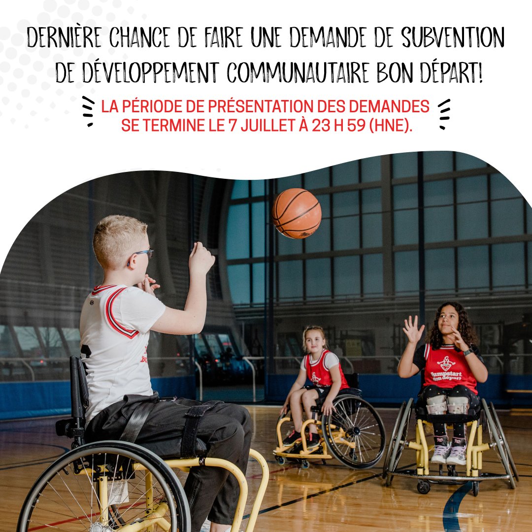 Votre organisme a besoin d’une aide financière pour ses coûts opérationnels ou ses programmes sportifs? Vous pouvez faire une demande de subvention de développement communautaire Bon départ jusqu’au vendredi 7 juillet à 23 h 59 (HNE) à jmpst.ca/DeveloppementC….