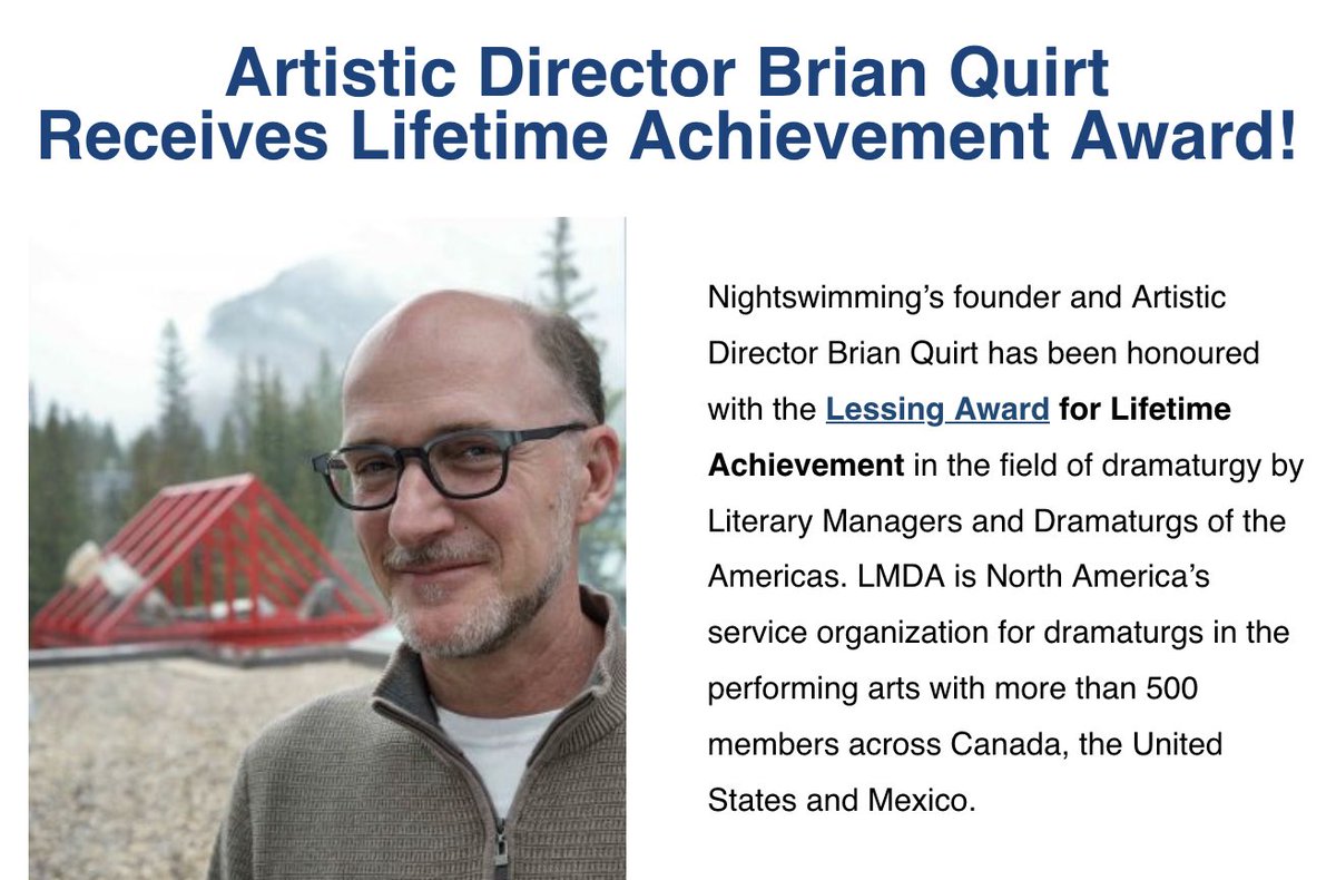 At LMDA’s recent international dramaturgy conference at the Banff Centre, which Brian also co-chaired, Nightswimming’s Artistic Director was recognized with the Lessing Award, LMDA's highest honour: 

mailchi.mp/nightswimmingt…

<a href="/LMDAmericas/">LMDA</a> <a href="/banffcentre/">Banff Centre</a>