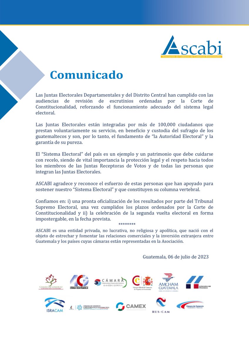 ASCABIGuatemala's tweet photo. La Asociación de Cámaras de Comercio Binacionales de Guatemala-ASCABI, a la opinión pública comunica:
@CAMCIG @mosqueramaiello @CanchamGT @CamacoesGT @CCIFGT @AmChamGT @CamCorGt @4CG_ChinaGt @Camexgt https://t.co/7HnAAbwQEp