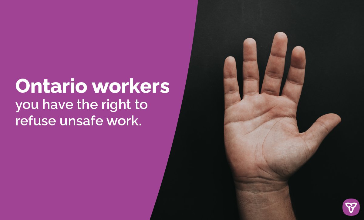 ONTatwork's tweet photo. Your health and safety is always our top priority.

All Ontario workers have the right to refuse unsafe working conditions.
 
If you think your work might be unsafe call our health and safety experts at 1-877- 202-0008. https://t.co/3eoYkoOyAs