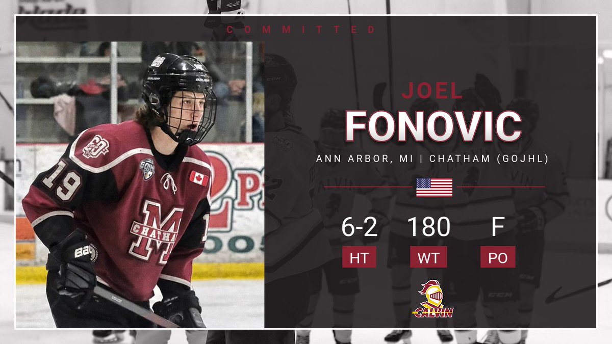 Ready for another? It's time for F Joel Fonovic!  

Joel joins Calvin after one season in Junior hockey with Chatham (GOJHL) where he posted 33 pts in 47 gms. Joel also starred for Canton HS (93 pts in 66 gms) and played one season in the MDHL (8 pts in 11 gms).

Welcome, Joel!