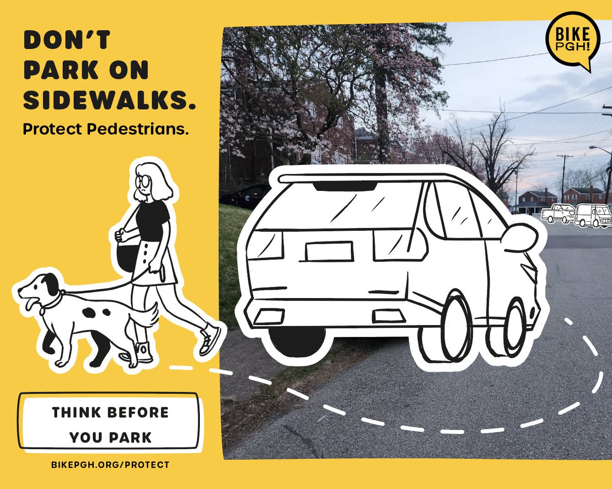 BikePGH's tweet photo. It's time to address an issue: Parking on the sidewalk impedes the safe and convenient passage of people who walk and roll, particularly those with mobility challenges, families who use strollers, joggers, dog walkers, and other vulnerable road users.

🔗https://t.co/8w5wNthef7 https://t.co/q88bNZmOuS