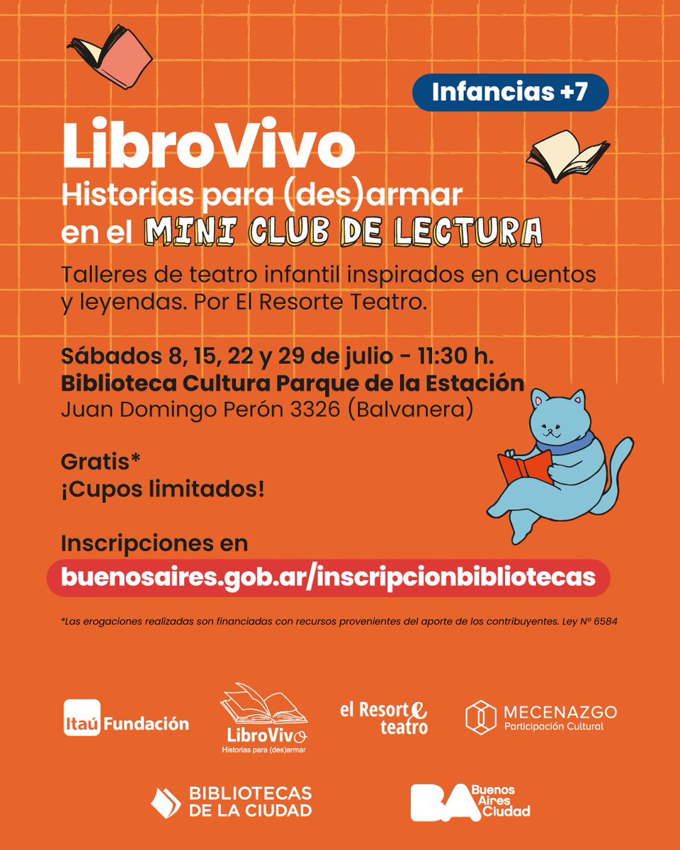 CulturaBarrios's tweet image. Este sábado arranca #LibroVivo: taller de teatro infantil inspirado en cuentos y leyendas 🎭

Una nueva propuesta de #MiniClub de Lectura.

A partir de 7 años 💫

📆 Sábados 8, 15, 22 y 29/7
📍 J.D. Perón 3326
🕦 11:30 h.
🎟 Gratis

🔗 Anotate en buenosaires.gob.ar/inscripcionbib…