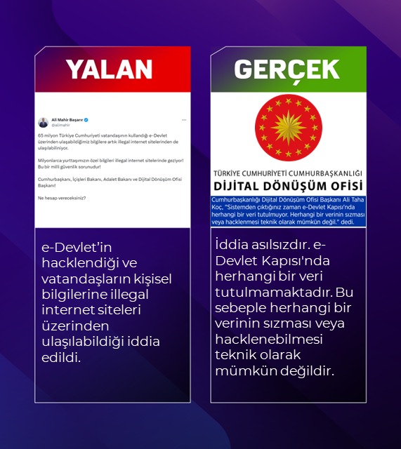 E-Devlet’in hacklendiği, vatandaşların kişisel bilgilerine illegal internet siteleri üzerinden ulaşılabildiği iddiası tamamen asılsız olup, e-Devlet Kapısı'nda herhangi bir veri tutulmamaktadır. Bu sebeple herhangi bir verinin sızması veya hacklenebilmesi mümkün değildir.