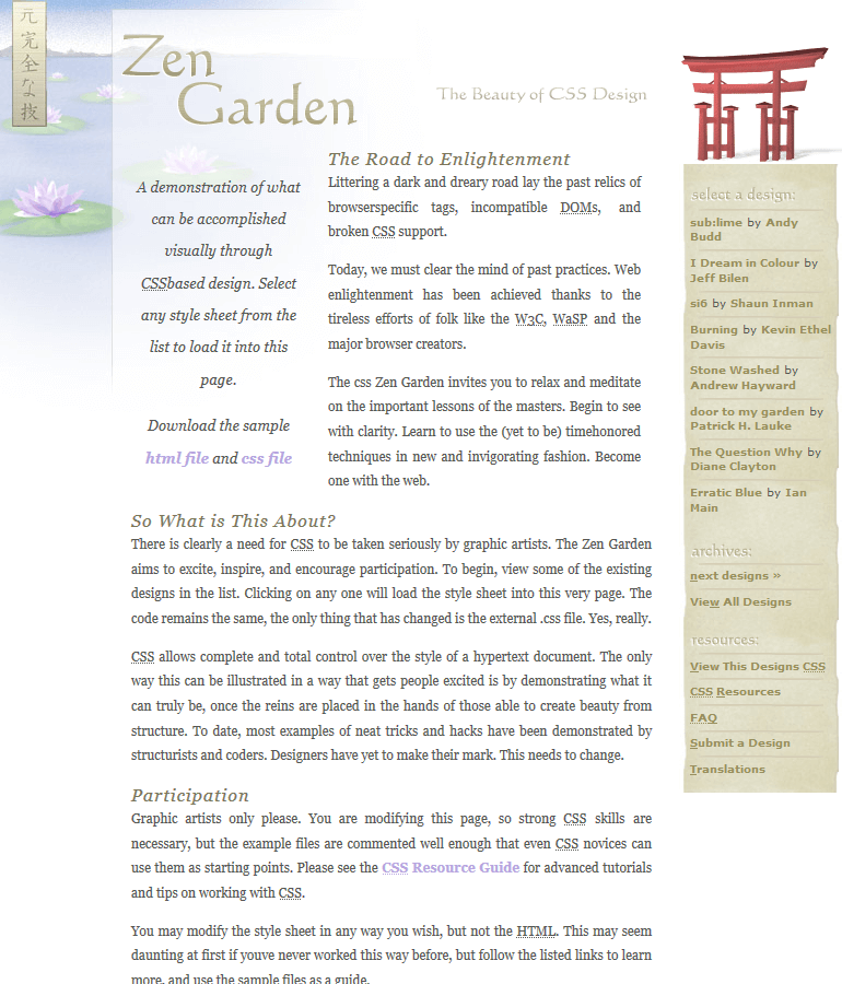 WebDesignMuseum's tweet photo. Do you remember the CSS Gallery, which showcased the best web sites created with CSS?

Which one was your favorite?

– CSS Zen Garden
– Cssbeauty
– CSS Mania
– The CSS Awards

...or some other?

#WebDesignHistory https://t.co/0S3VO5BJ3x