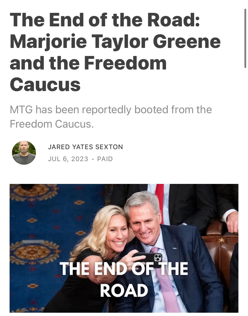 JYSexton's tweet photo. MTG getting the boot from the Freedom Caucus just further proves this gaggle of grifters is nothing but self-destructive.

But what it reveals about the GOP is that the party is growing more and more extreme and that MTG is just a mainstream member.

https://t.co/ZMfQqB9ouj https://t.co/uBAJ6KcwsF