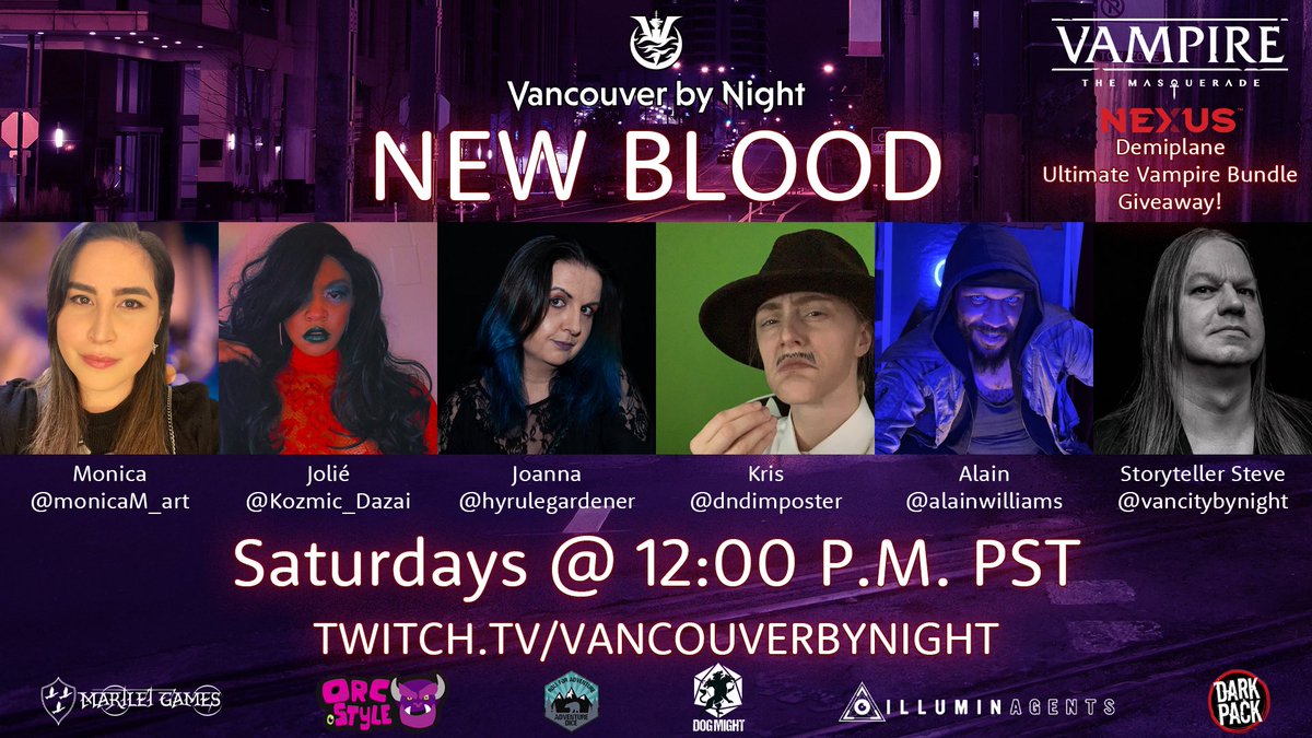 Join us on Saturday at Noon PST for the second episode of our new #vampirethemasquerade game Vancouver by Night: New Blood

How will this new coterie adapt to changing pressure of the politics of the #worldofdarkness 

Tune in to find out!