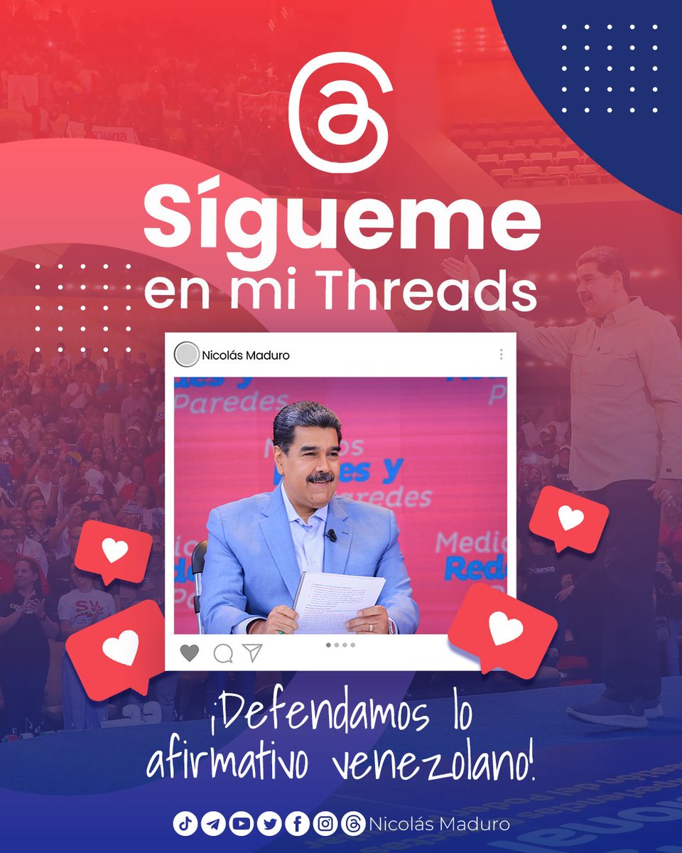 SÍGANME EN THREADS 

¡Más (+) conectados! Los venezolanos y las venezolanas que amamos a nuestro país, estamos en todas las plataformas para defender la verdad de Venezuela. 

Aquí les comparto mi primera publicación, ¡Únete y sígueme en Threads! ==>bit.ly/3pFIx5K
