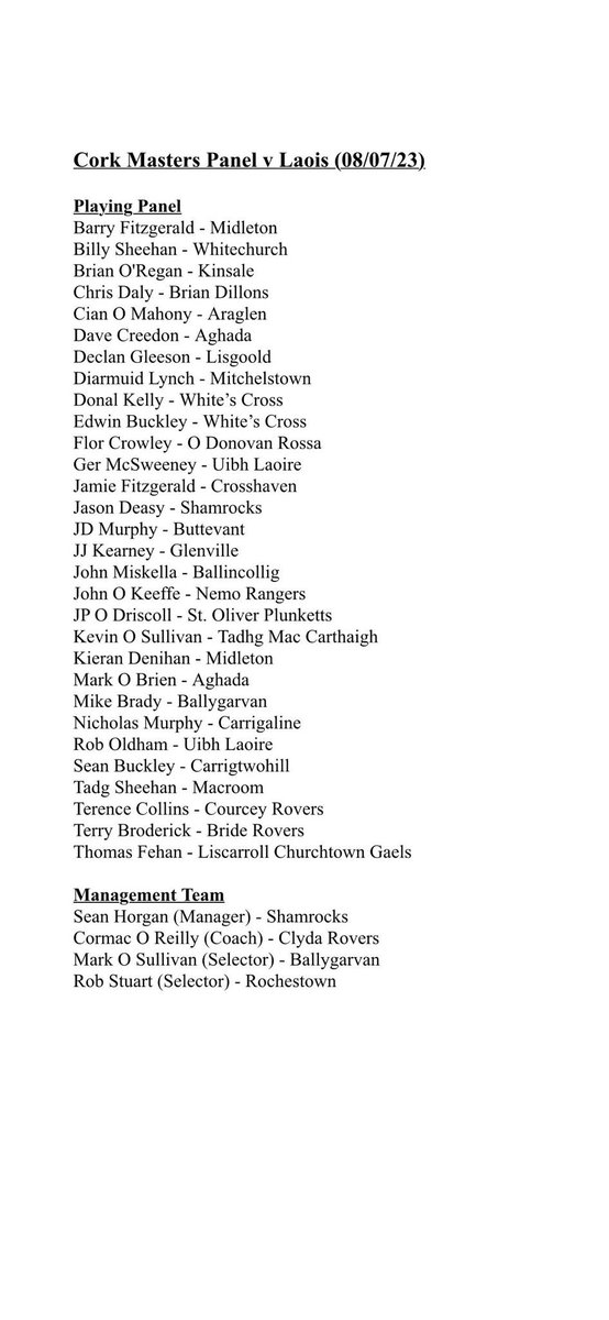 Saturday’s <a href="/CorkMasters/">Cork Masters</a> R5 match day panel v’s Laois.

<a href="/eirdata/">Eirdata</a> #cork #gaelicfootball #corkmasters #rebels #corkgaa #gaelicmastersfootball <a href="/BigRedBench/">RedFM Sport</a> <a href="/OfficialCorkGAA/">Cork GAA</a>