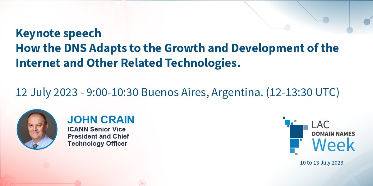 #ICANN's Chief Technology Officer, John Crain, is joining us next week for LAC Domain Names Week. Don't miss his keynote on 12 July at 12 PM UTC. For more information, visit the event website: bit.ly/2UN3PeE