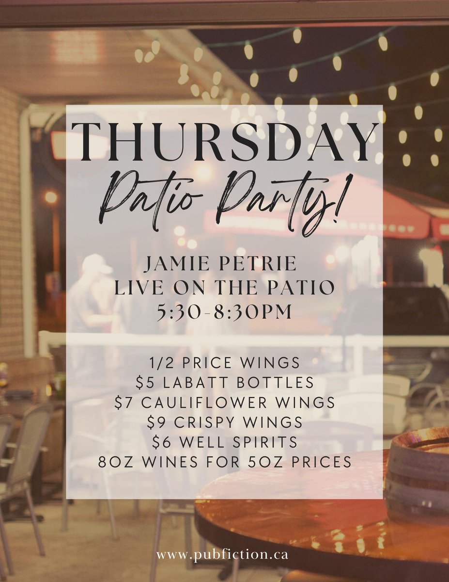 🎉Thursdays are for Patio Parties ALL SUMMER LONG!🎉 Join Jamie Petrie live on the patio from 5:30-8:30pm (Party will move inside if weather doesn’t cooperate) 
•
We have some amazing specials you won’t want to miss! 👇🏻

#pubfictionancaster #hamont #foodie  #ancaster #restaurant