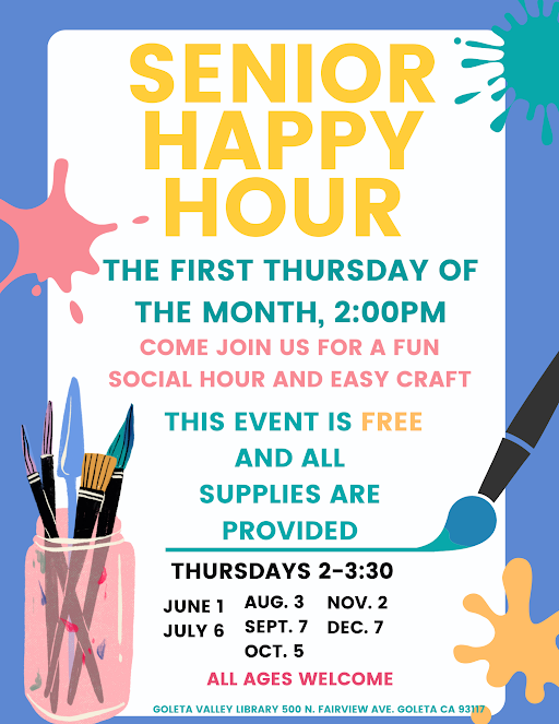 CPCaring's tweet image. Join us for Senior Happy Hour this afternoon at the Goleta Valley Library! Enjoy a fun social hour with crafts! Hope to see you there!