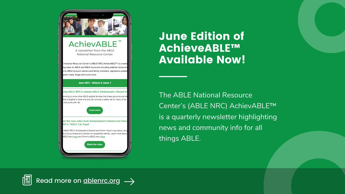 theABLENRC's tweet photo. Check out the latest issue of our newsletter! Meet ABLE NRC’s newest ABLE Ambassador: Beverli Austin! Hear what ABLE NRC Ambassadors Edward and Simon have to say about using an ABLE account to purchase and maintain an accessible vehicle and more at https://t.co/wOv2Y8DY8P. https://t.co/rLeKVM9a1t