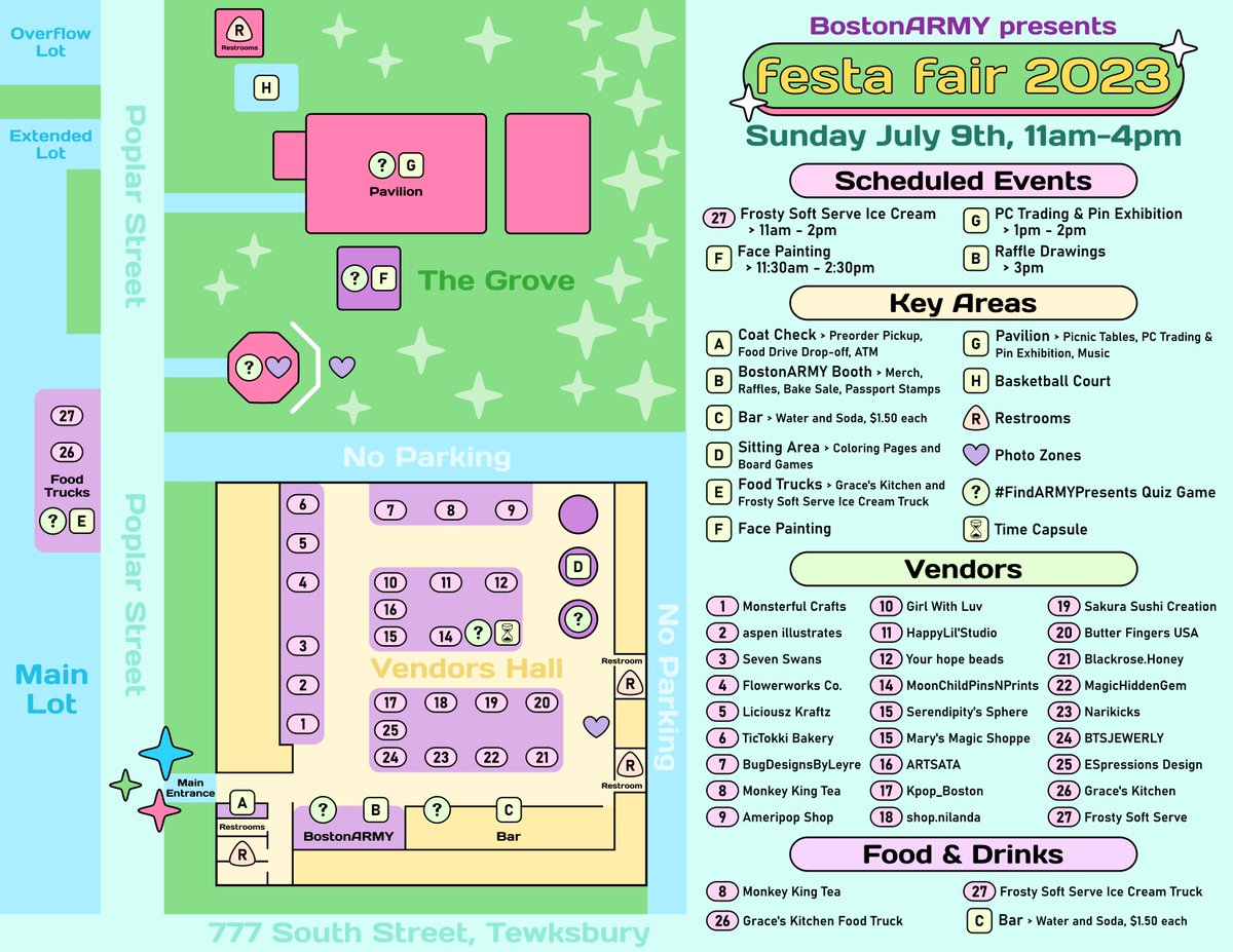 BTSARMY_Boston's tweet photo. #FestaFair2023 - Map &amp; Schedule

DL our detailed maps to help plan your day &amp; navigate the venue!

11am-2pm > Frosty Soft Serve Ice Cream Truck
11:30am-2:30pm > Face Painting
1pm-2pm > PC Trading &amp; Pin Exhibition
3pm > Raffle Drawing

Review important info https://t.co/DjNVCfxoSA https://t.co/cQbStBlM1X