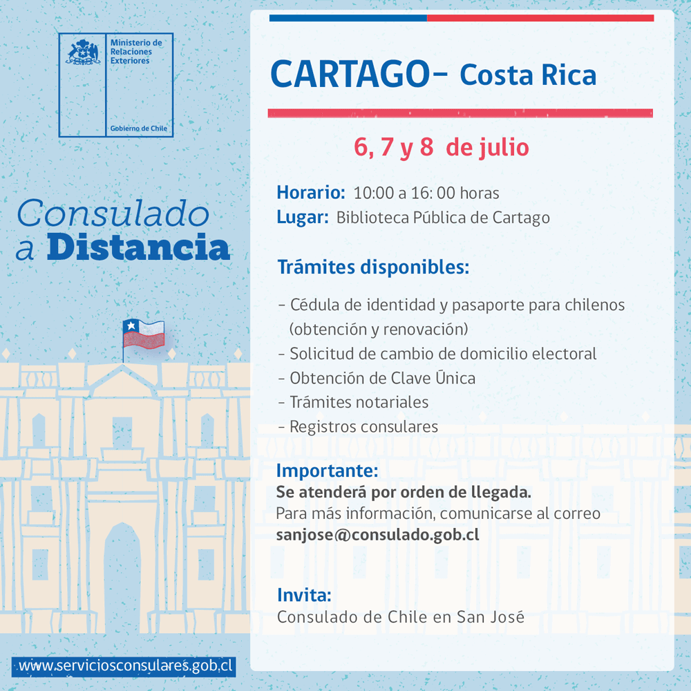 dicoex's tweet photo. 📢Si eres 🇨🇱, resides en #Cartago 🇨🇷 y requieres hacer trámites consulares te contamos que nuestra Cónsul ya se encuentra en terreno. 
👇Revisa las coordenadas en la gráfica y aprovecha esta oportunidad. https://t.co/24sJNvngP5
