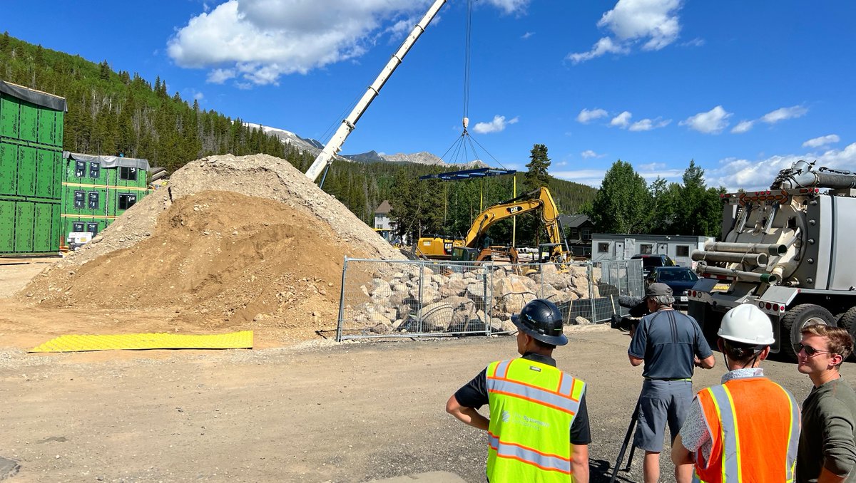 symmcos's tweet photo. News crews on site this morning at Justice Center Employee Housing in Breckenridge, CO. Our teams and partners set additional boxes at the job site, then held a ceremony with town, county, and state officials for the project's attainable housing milestones. https://t.co/r3xEznMui7
